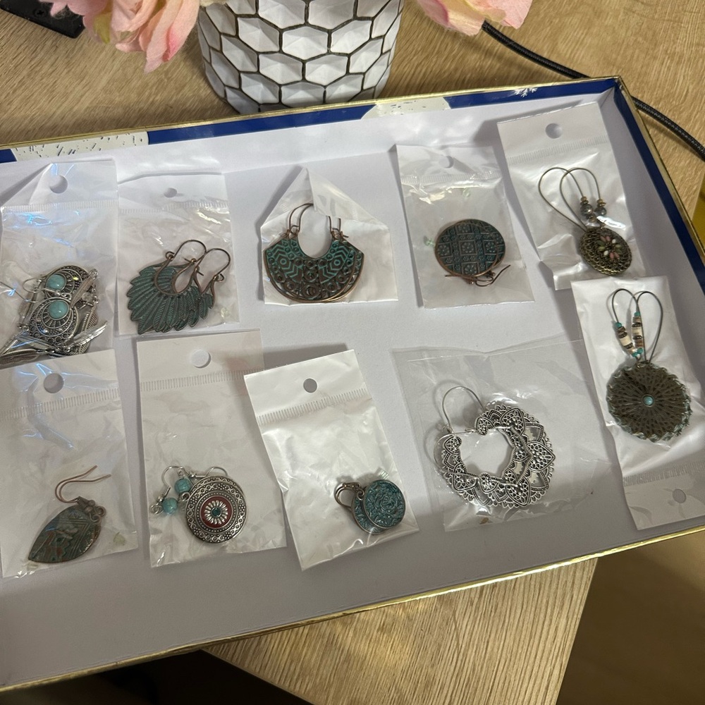 Bohemian Turquoise and Silver Earrings Set of 10 NEW